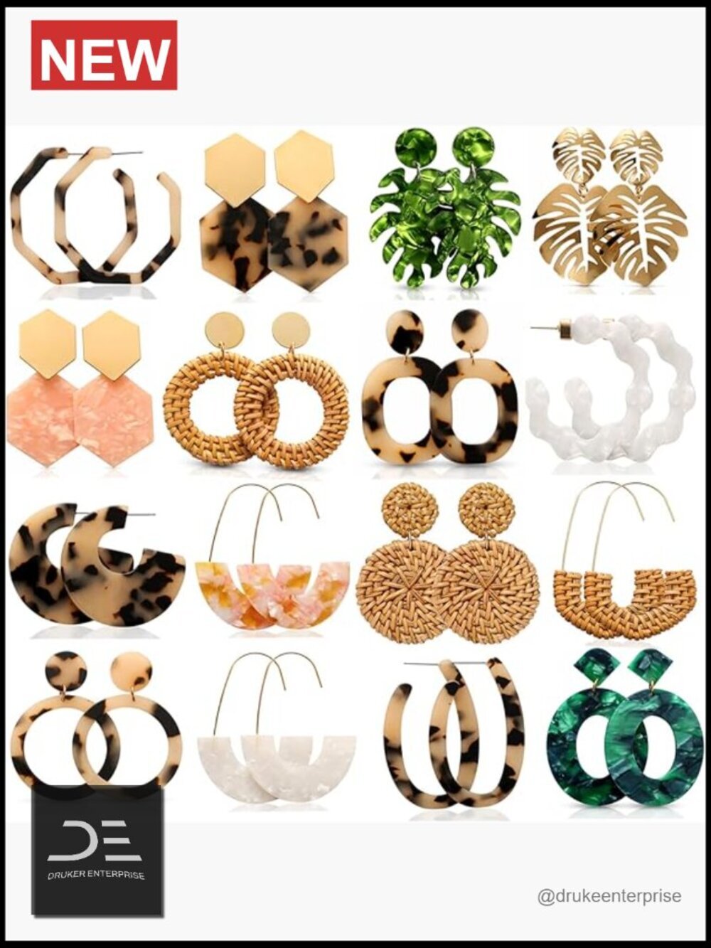 16 Pairs Acrylic Rattan Statement Drop Dangle Earrings Set - Boho Beach Jewelry